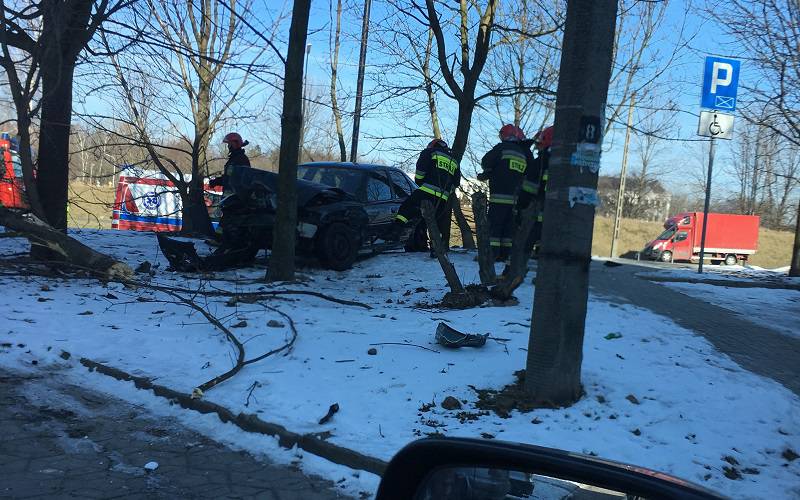 Zderzenie pojazdów na al. Witosa. Opel wjechał w skwer i ściął drzewo 1 28340731 1570688129704670 1345981551 o
