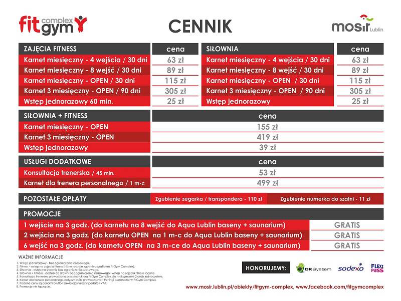 Lublin: Droższe bilety na baseny, lodowisko i siłownię. Zobacz nowe cenniki 1 Fitgym cennik 2019