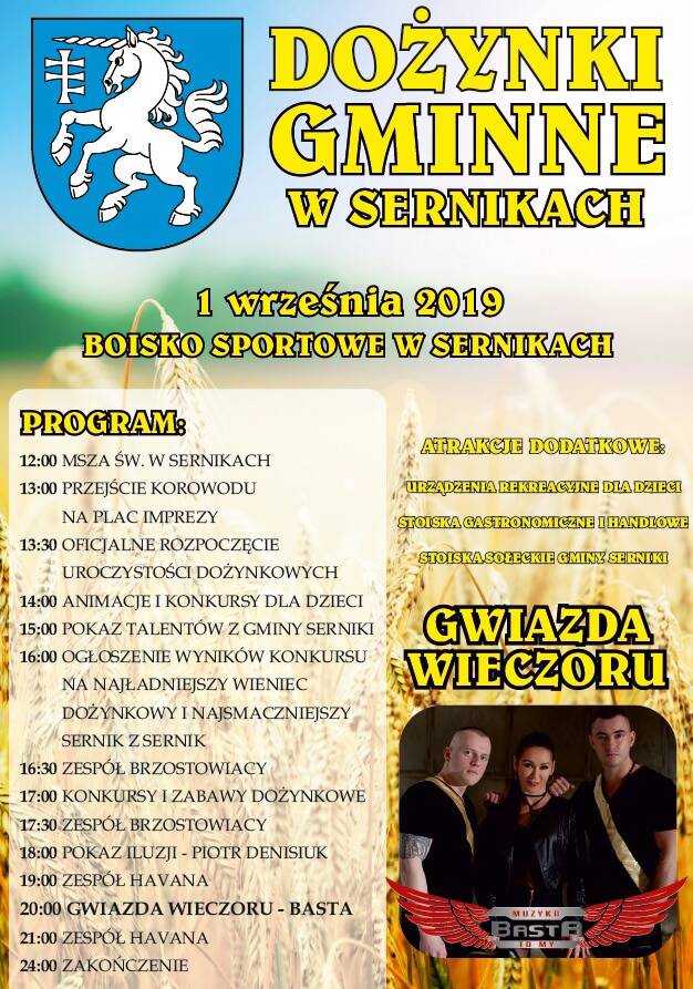 Dożynki Gminy Serniki 2019. Dla publiczności wystąpi Basta 1 gmina serniki dożynki