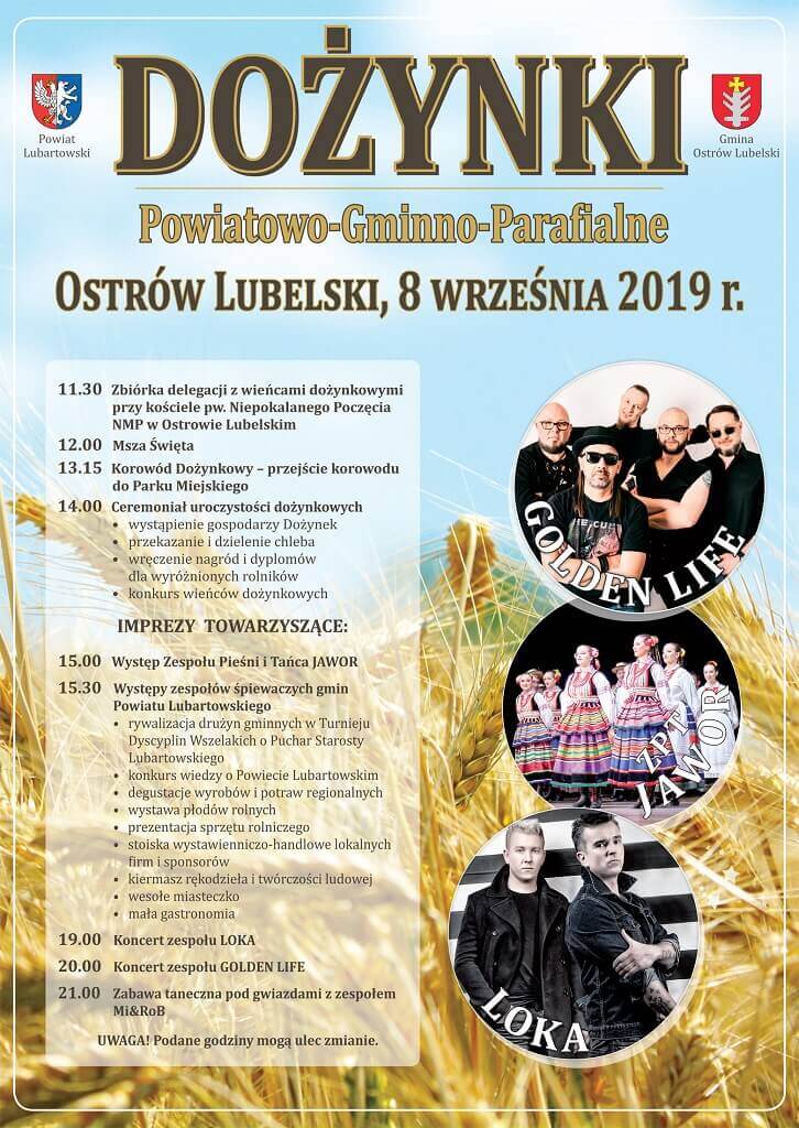 Dożynki Powiatowe w Ostrowie Lubelskim 2019. Na scenie wystąpią: Loka i Golden Life 1 dozynki 2019 2