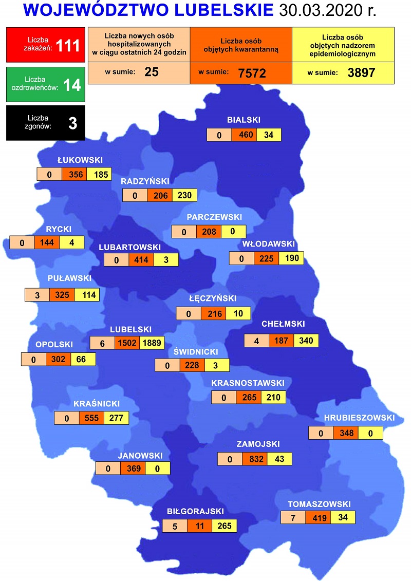 Już 7,5 tys. mieszkańców województwa lubelskiego poddanych obowiązkowej kwarantannie 1 mapa aktualnej sytuacji w województwie lubelskim