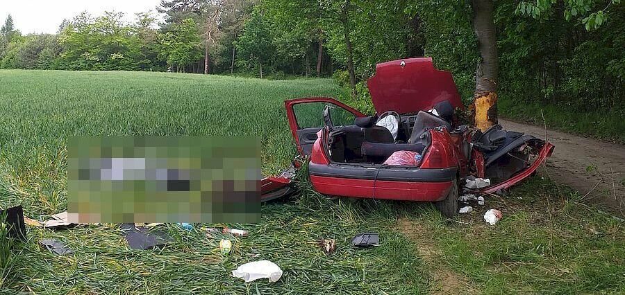 Wypadek w m. Skrzynice Pierwsze. Renault uderzył w drzewo, nie żyje pasażer 1 68 168581