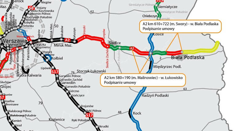 Autostrada A2 w województwie lubelskim. Dziś podpisano umowę na dwa odcinki 1 A2 Malinowiec - Łukowisko i Swory - Biała Podlaska