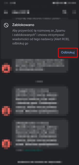 Stuknij wiadomości, które chcesz odblokować, i wybierz „Odblokuj”