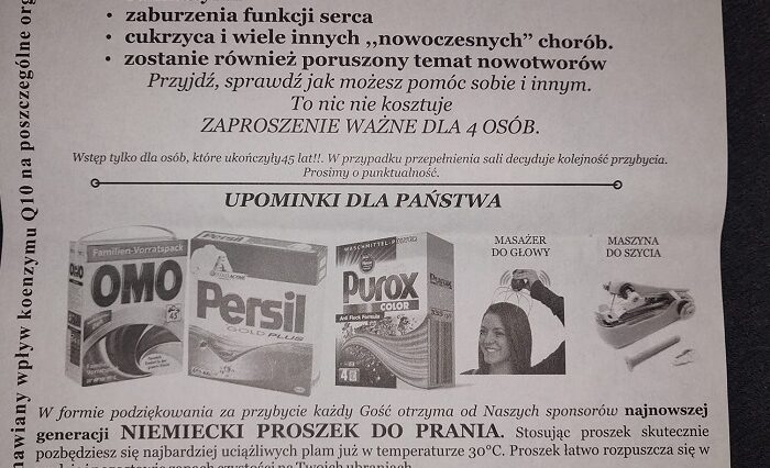 Dom Kultury LSM wynajął salę firmie organizującej pokazy produktów dla seniorów 1 Zdjęcie ulotki z zaproszeniem na pokaz w Domu Kultury LSM
