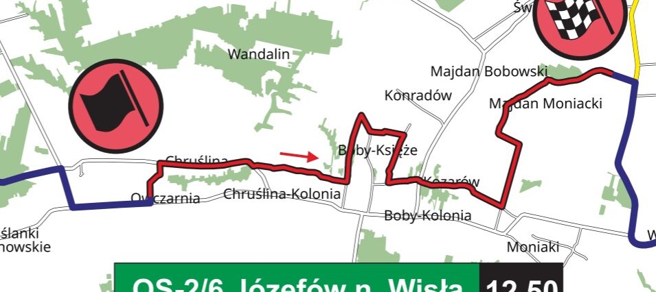 Rajd Nadwiślański 2021 startuje w sobotę. Trasy, utrudnienia, zamknięcia dróg 1 OS Józefów nad Wisłą - trasa przejazdu Rajdu Nadwiślańskiego