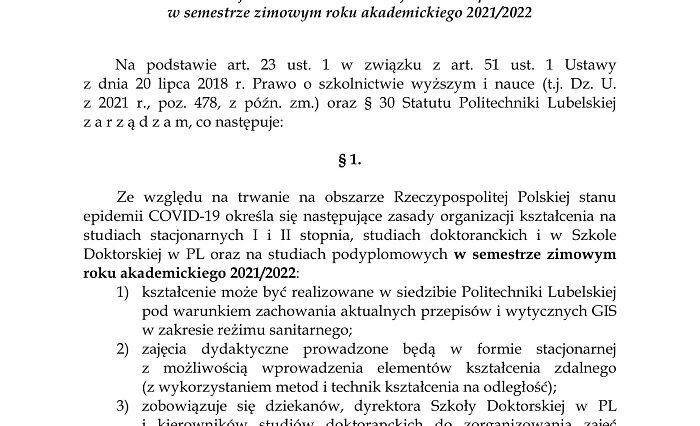 Studenci Politechniki Lubelskiej będą uczyć się hybrydowo. Jest zarządzenie rektora 1 Zarządzenie Rektora Politechniki Lubelskiej ws. powrotu studentów na uczelnię