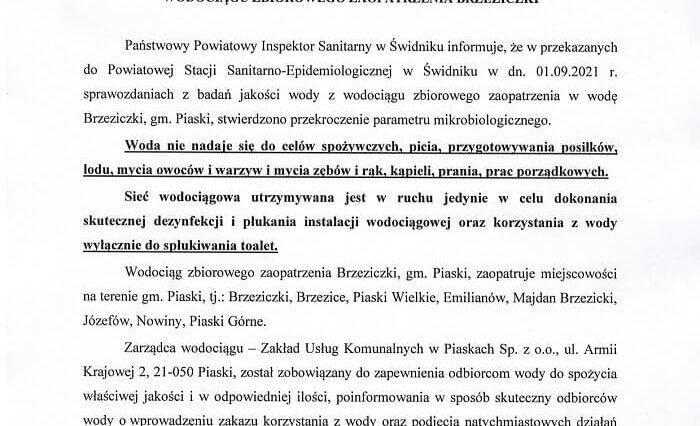 Kolejne skażone wodociągi w regionie. Wodę można używać tylko do spłukiwania toalety 2 Komunikat PPIS w Świdniku dot. przekroczenia parametrów mikrobiologicznych w wodociągu w Brzeziczkach