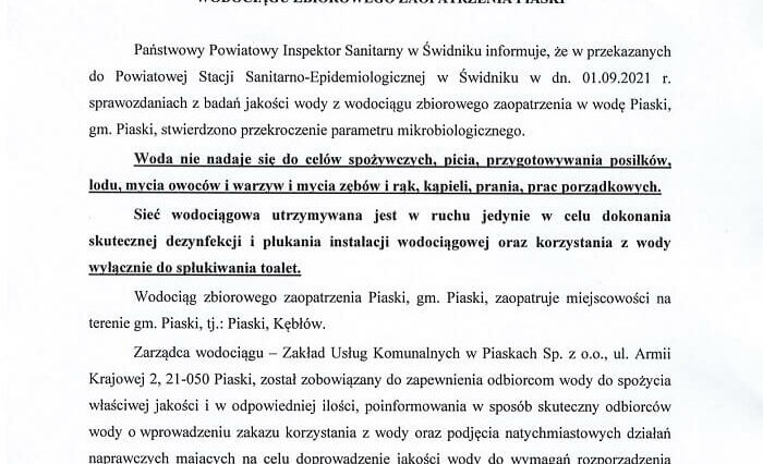Kolejne skażone wodociągi w regionie. Wodę można używać tylko do spłukiwania toalety 1 Komunikat PPIS w Świdniku dot. przekroczenia parametrów mikrobiologicznych w wodociągu w Piaskach