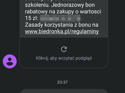Biedronka wysyła smsy uczestnikom szkolenia. "Przeprowadzamy wymianę kodów" 1 Wiadomość SMS od Biedronka dotycząca akcji wymiany bonów