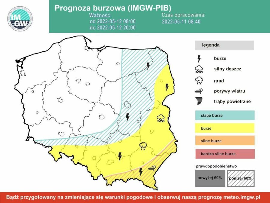 Gwałtowne burze przejdą w czwartek przez region. Nawałnice przyniosą ulewny deszcz, grad i silny wiatr 1 Prognoza burzowa IMGW na czwartek 12.05