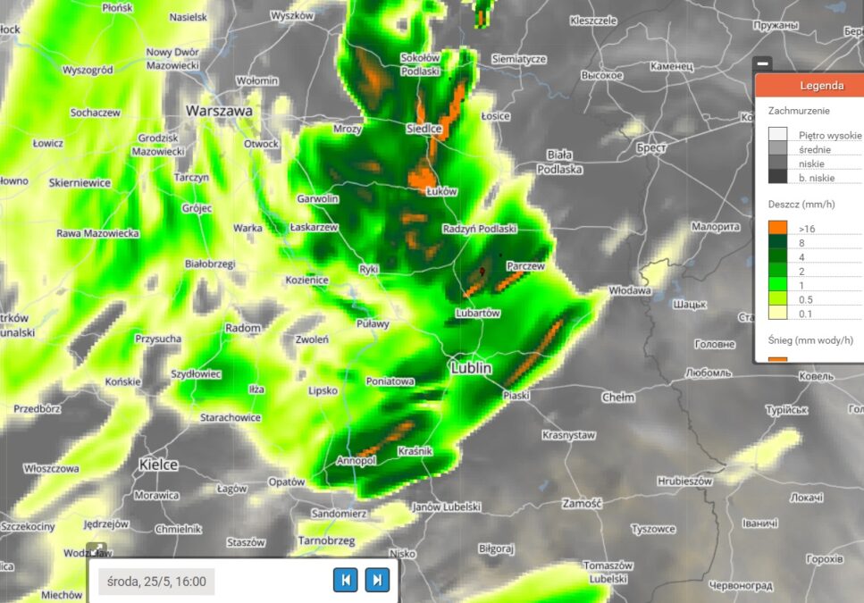 Pogoda na dziś - środa 25.05. Po południu i wieczorem możliwe burze 1 Prognozowane opady deszczu i burze w środę 25.05, godz. 16:00