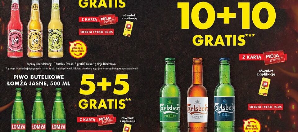 Piwo 5+5 lub 10+10 gratis Biedronka na długi weekend czerwcowy 2022. Trzy dni promocji na wybrane piwa 1 Promocja na piwa w Biedronce przed długim weekendem czerwcowy: Hardmade, Łomża, Carlsberg