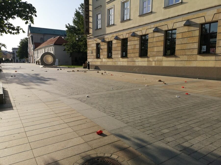 Przepełnione kosze i porozrzucane śmieci. Ptaki wybebeszają kosze w pobliżu popularnej restauracji 4 Porozrzucane śmieci na placu Litewskim