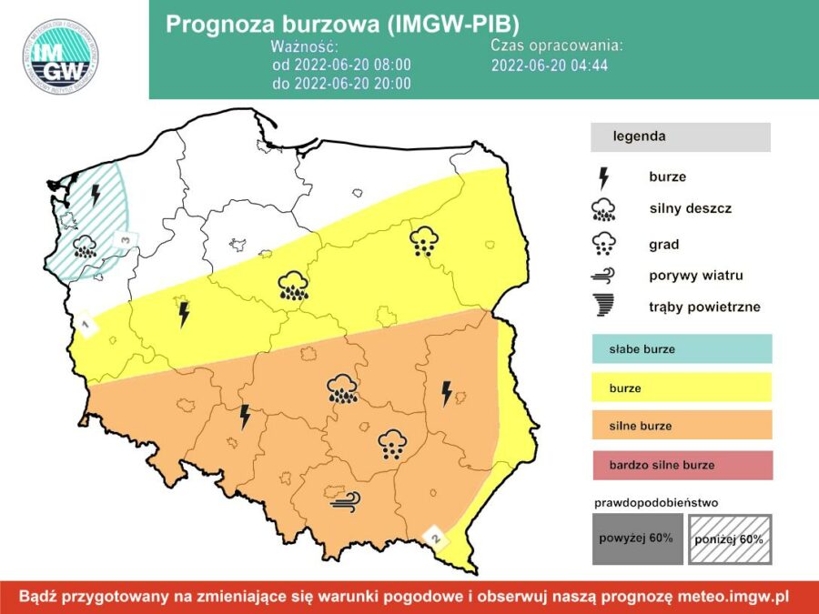 Pogoda na dziś – poniedziałek 20.06. Upał i burze z gradem. Ostrzeżenia drugiego stopnia 1 Prognoza burzowa poniedziałek 20 czerwca (20.06)
