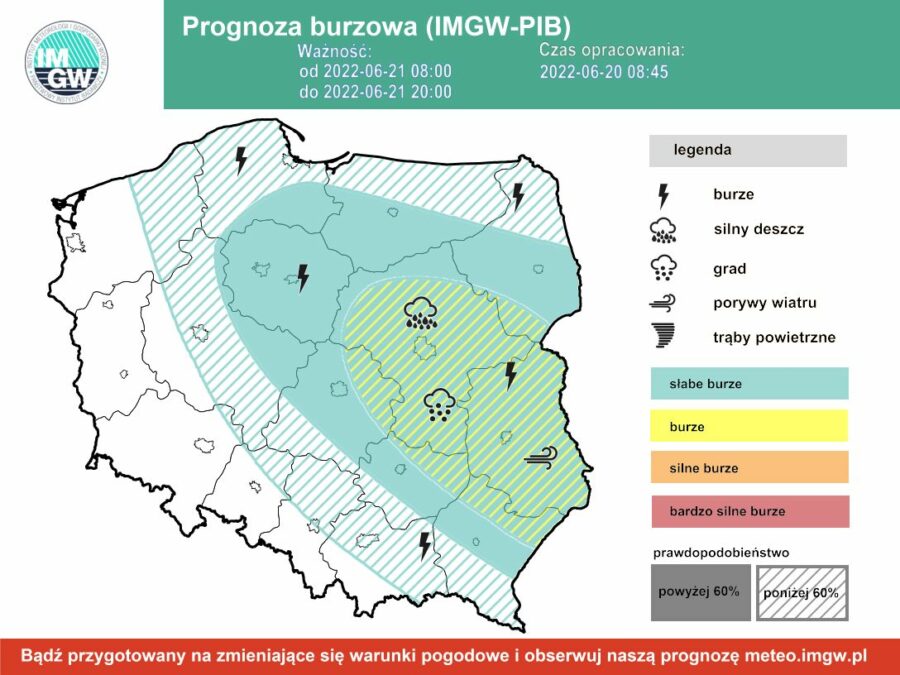 Pogoda na dziś – wtorek 21.06. Przez większość dnia deszcz i burze, na termometrach do 19°C. Ostrzeżenia IMGW 1 Prognoza burzowa wtorek 21 czerwca (21.06)
