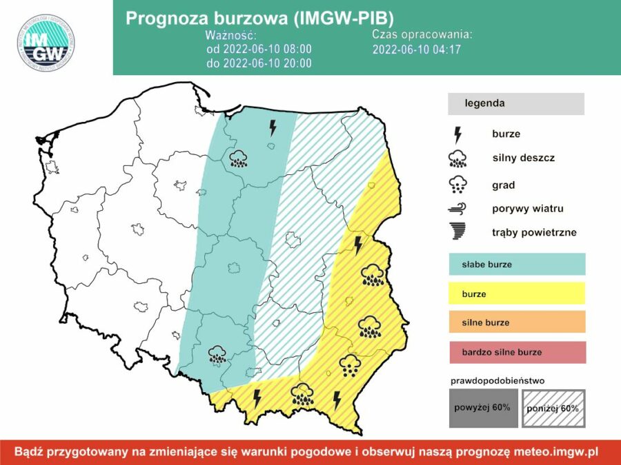 Pogoda na dziś – piątek 10.06. Ostrzeżenie drugiego stopnia przed burzami z gradem 1 Prognoza burzowa piątek 10.06