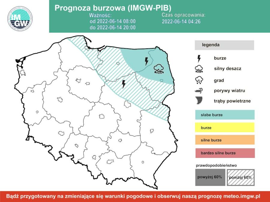 Pogoda na dziś – wtorek 14.06. Przelotne opady deszczu i lokalne burze. W dzień do 19 st. C 1 Prognoza burzowa wtorek 14.06