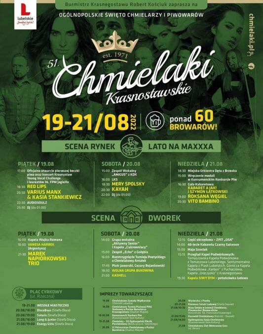 Chmielaki 2022 - koncerty. Kto wystąpi w tym roku w Krasnymstawie? Vito Bambino, Roksana Węgiel, Kayah 1 Chmielaki Krasnostawskie 2022: program, plakat