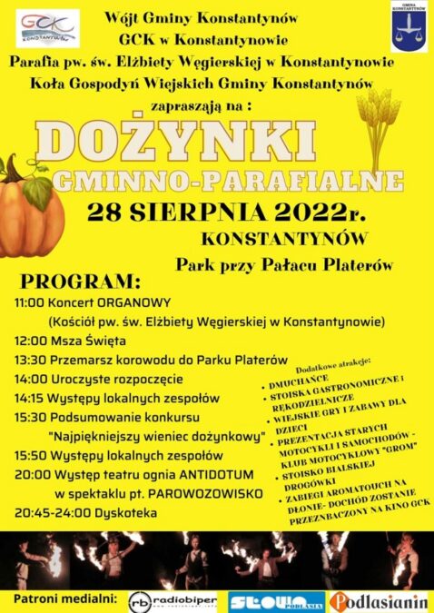 Dożynki Gminy Konstantynów 2022. W programie występy artystyczne i atrakcje dla dzieci 1 Dożynki Gminy Konstantynów 2022 - program