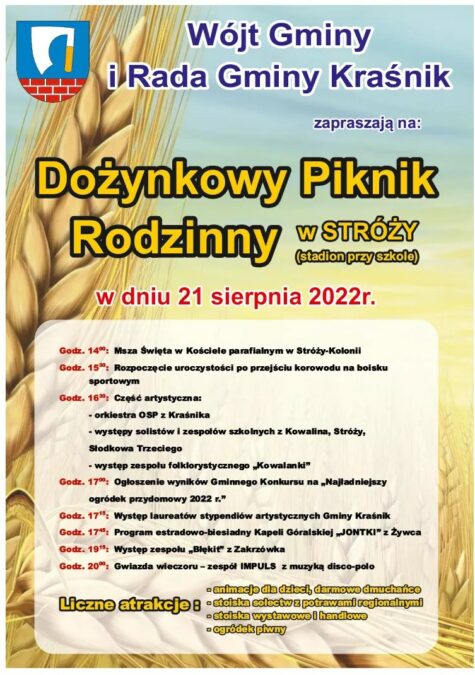 Dożynki Gminy Kraśnik 2022. Gwiazdą wieczoru zespół Impuls 1 Dożynki Gminy Kraśnik w Stróży 2022 – program