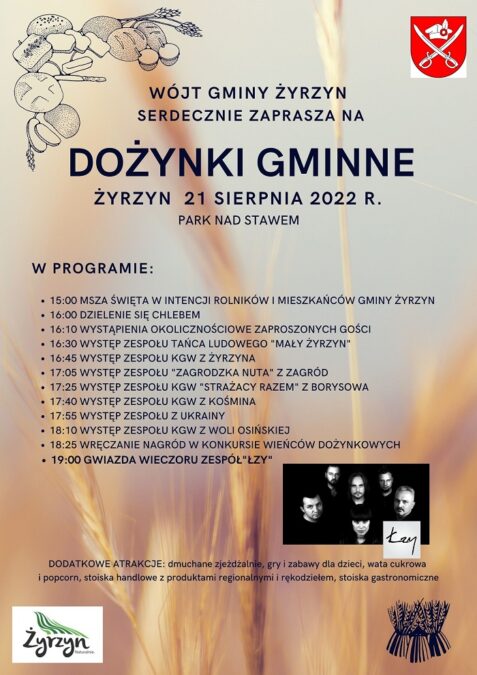 Dożynki Gminy Żyrzyn 2022. Gwiazda wieczoru zespół Łzy 1 Dożynki Gminy Żyrzyn 2022 – program