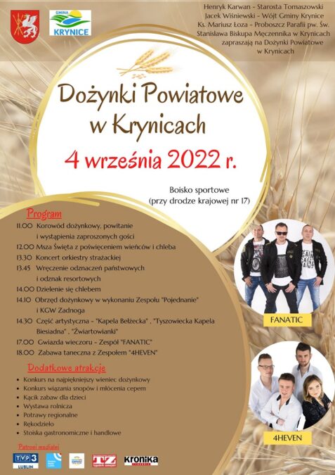 Dożynki Powiatowe Krynice 2022. Gwiazda wieczoru zespół Fanatic 1 Dożynki Powiatu Tomaszowskiego w Krynicach 2022 - program