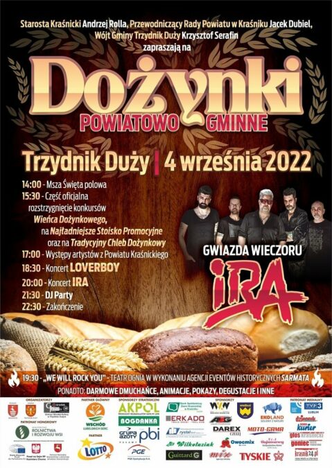 Dożynki Powiatowe Trzydnik Duży 2022. Wystąpią: Loverboy i zespół IRA 1 Dożynki Powiatu Kraśnickiego Trzydnik Duży 2022 – program
