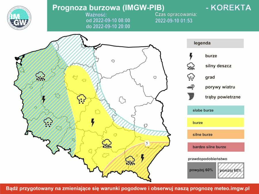 Po południu intensywne opady deszczu, może spaść nawet 50 litrów wody na metr kwadratowy 1 Prognoza burzowa dla Polski IMGW - sobota 10 września