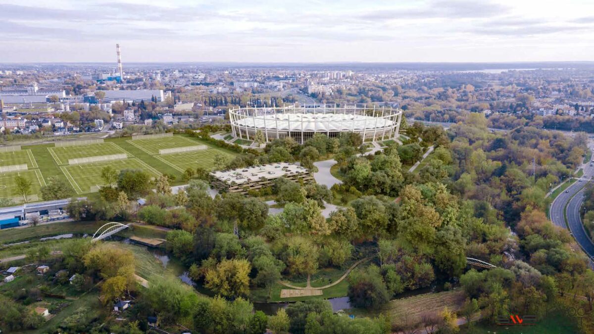 Tak ma wyglądać nowy stadion żużlowy. Koncepcja gotowa, teraz zapytają mieszkańców o zdanie 3 Widok na nowy stadion żużlowy i wielopoziomowy parking od ul. Nadbystrzyckiej