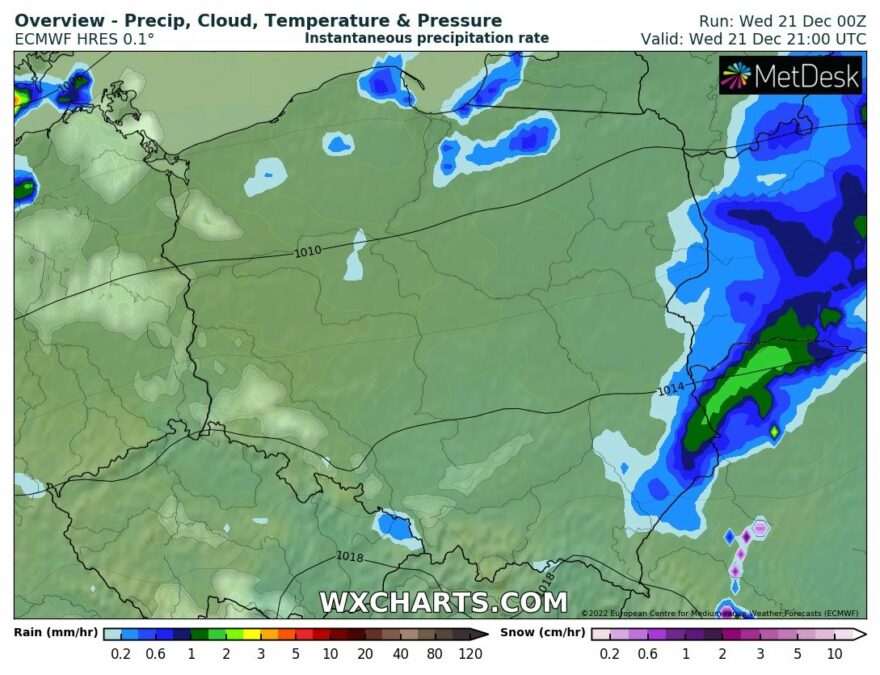 Uwaga na roztopy! Chlapa i ciapa na chodnikach i osiedlowych drogach. Nad region nadciągają opady deszczu 3 Prognozowany zasięg opadów deszczu - 21 grudnia 2022, godzina 20:00