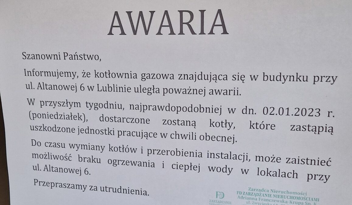 Mieszkańcy bloku od kilku dni są bez ogrzewania i ciepłej wody. „Cieszmy się, że temperatura na dworze jest na plusie...” 1 Informacja o awarii kotłowni gazowej w bloku przy ul. Altanowej