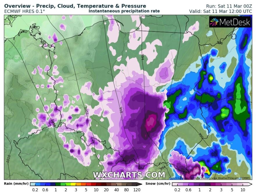 Sobota z opadami śniegu i deszczu. Do tego porywy wiatru do 85 km/h. Ostrzeżenie IMGW 1 Prognozowane opady deszczu i śniegu 11 marca o godz: 13:00