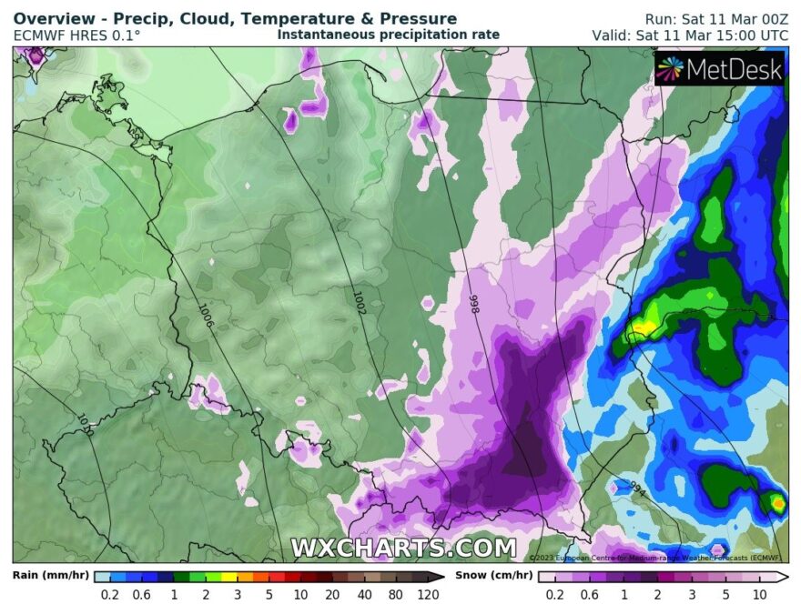 Sobota z opadami śniegu i deszczu. Do tego porywy wiatru do 85 km/h. Ostrzeżenie IMGW 2 Prognozowane opady deszczu i śniegu 11 marca o godz: 16:00