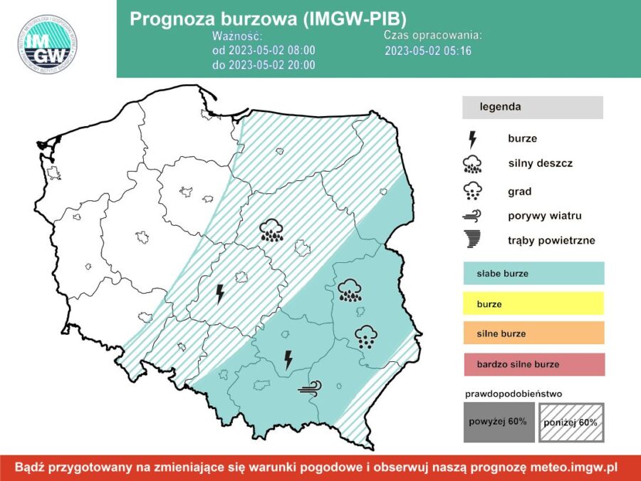 Pogoda na wtorek 2 maja. Po południu i wieczorem możliwe burze. Miejscami może spaść do 15 litrów deszczu 1 Prognoza burz na wtorek 2 maja 2023 r. z ważnością od 8:00 do 20:00