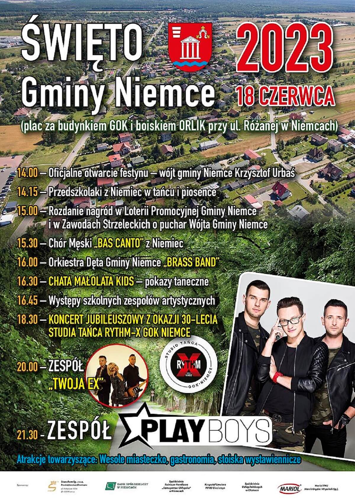 Dni Gminy Niemce 2023. Gwiazdą imprezy zespół Playboys 1 Dni Gminy Niemce 2023 - program wydarzenia, plakat