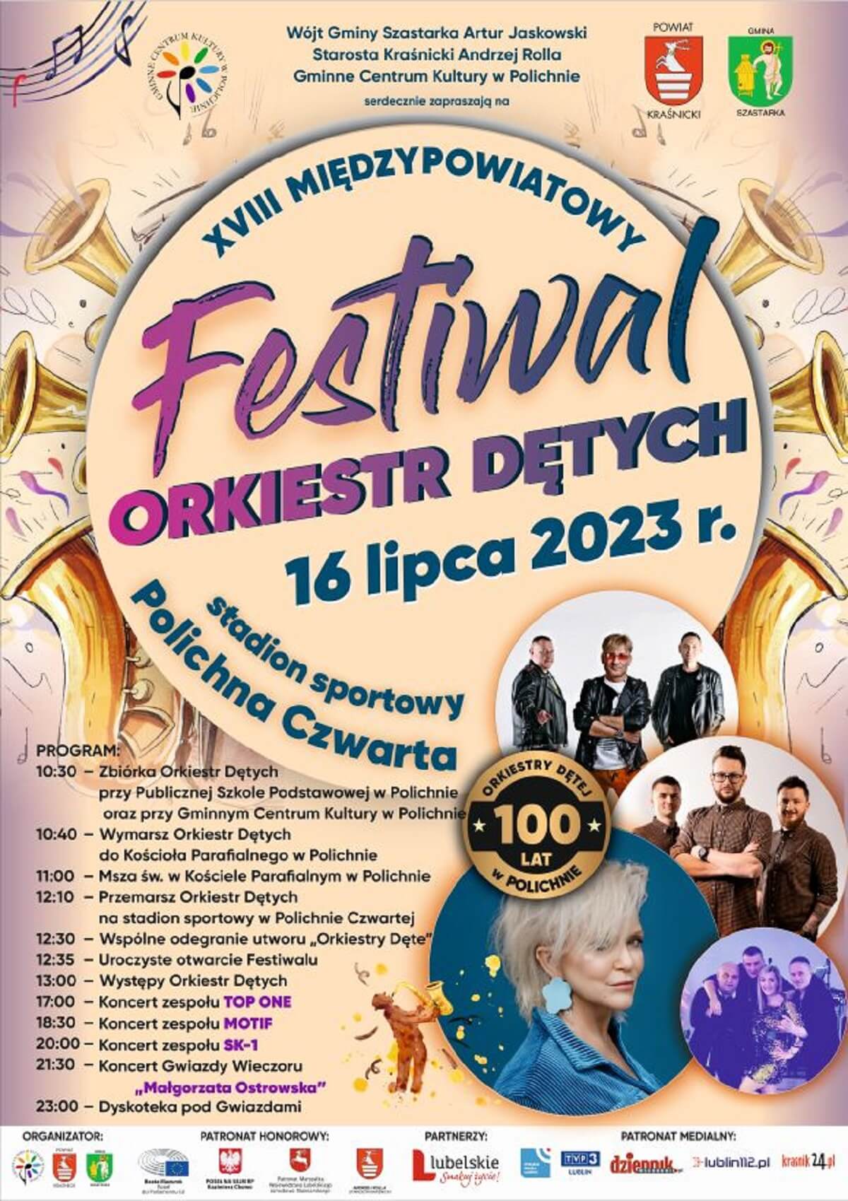 Festiwal Orkiestr Dętych w Polichnie 2023. Wystąpią: Top One, Małgorzata Ostrowska, Motif 1 Festiwal Orkiestr Dętych w Polichnie 2023 - program, plakat