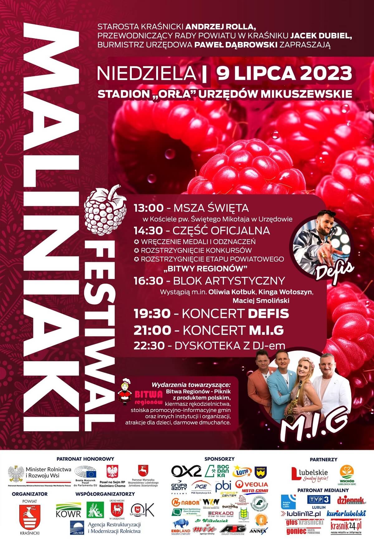 Festiwal Maliniaki 2023 w Urzędowie. Wystąpią: MIG i Defis 1 Maliniaki w Urzędowie 2023 - program wydarzenia, plakat
