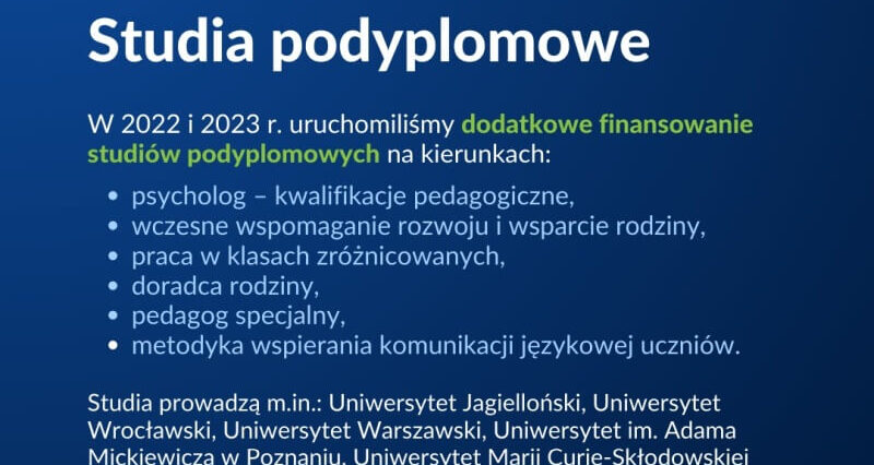 Miliardy dla szkół i przedszkoli. Więcej psychologów, pedagogów i terapeutów w placówkach oświatowych 3 Studia podyplomowe dofinansowanie MEiN