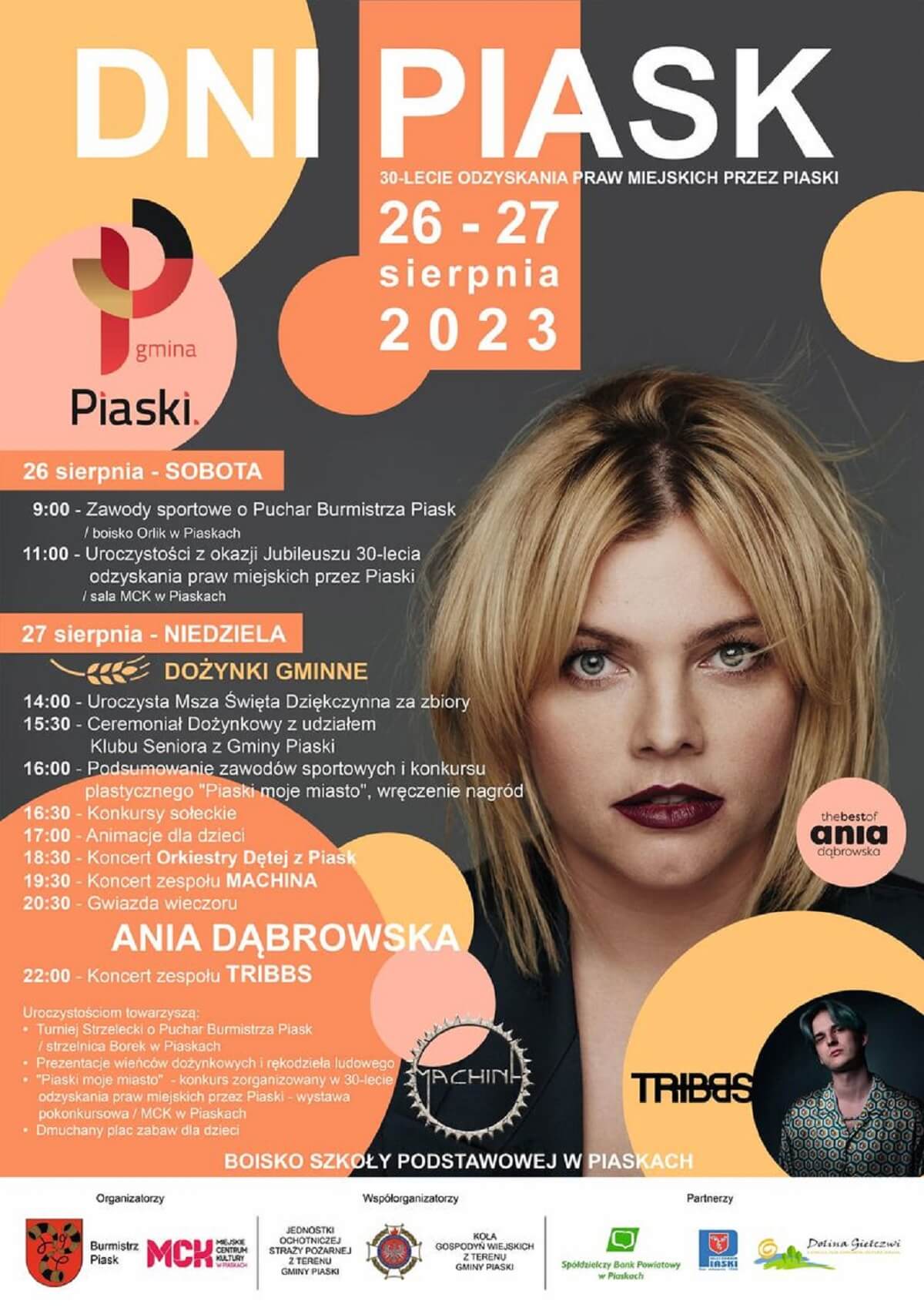 Dni Piask + dożynki 2023. Wystąpią: Ania Dąbrowska, Tribbs 1 Dni Piask 2023 - plakat, program wydarzenia