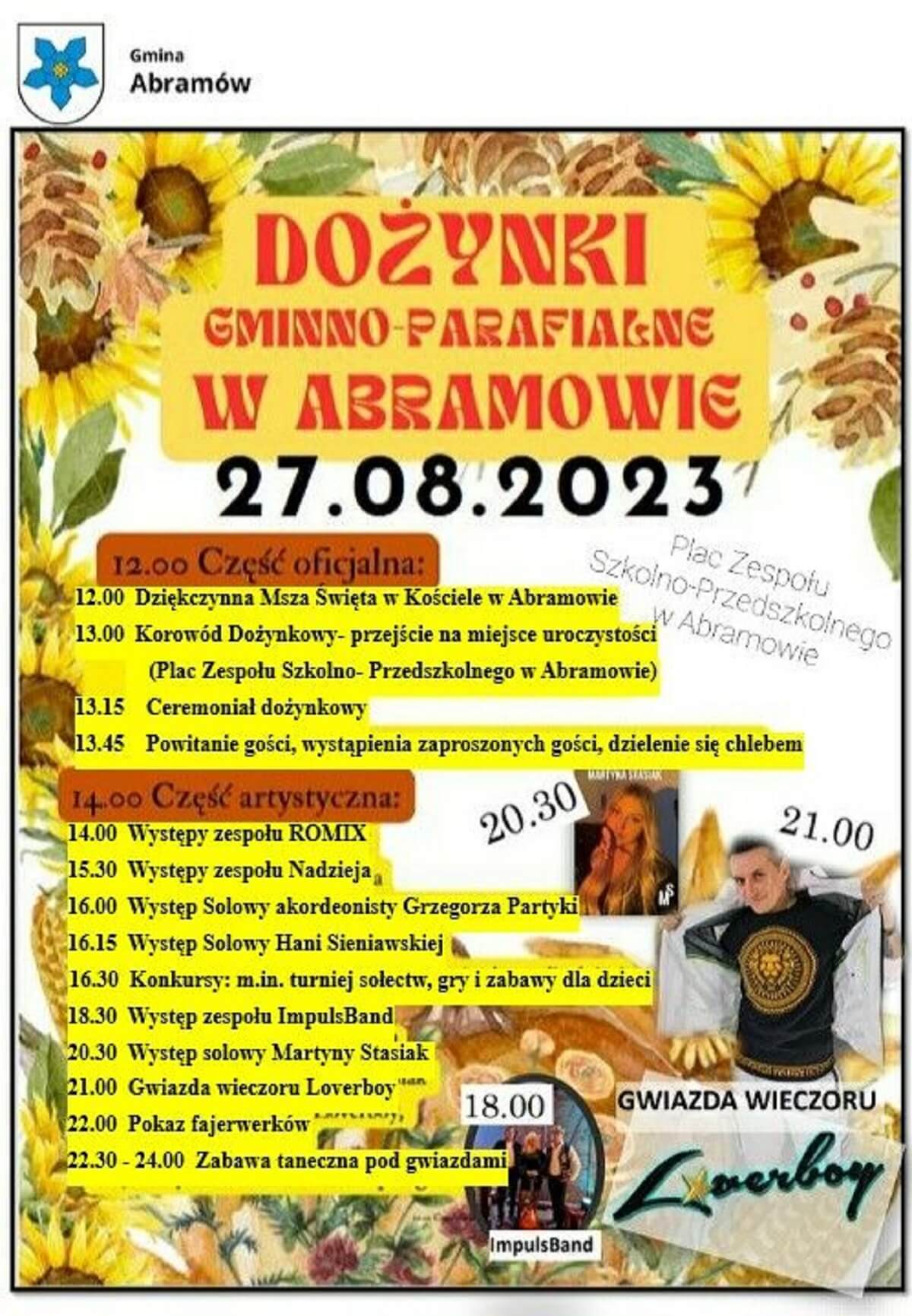 Dożynki w Abramowie 2023. Gwiazdą imprezy zespół Loverboy 1 Dożynki w Abramowie 2023 - plakat, program wydarzenia