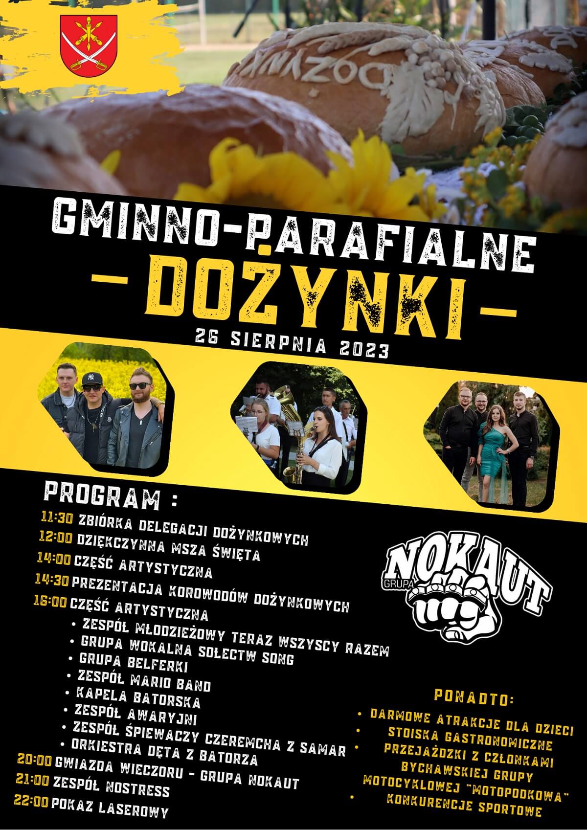 Dożynki w Batorzu 2023. Gwiazdą imprezy zespół Nokaut 1 Dożynki w Batorzu 2023 - plakat, program wydarzenia