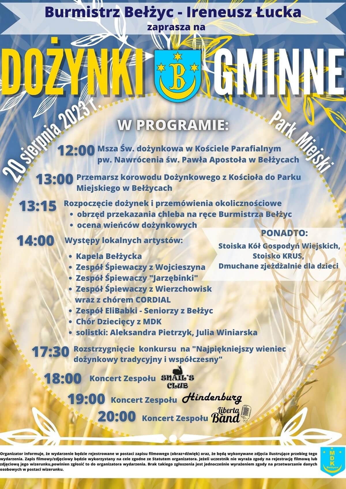 Dożynki w Bełżycach 2023. Wystąpią: Snail's Club, Hindenburg, Liberta Band 1 Dożynki w Bełżycach 2023 - plakat, program wydarzenia