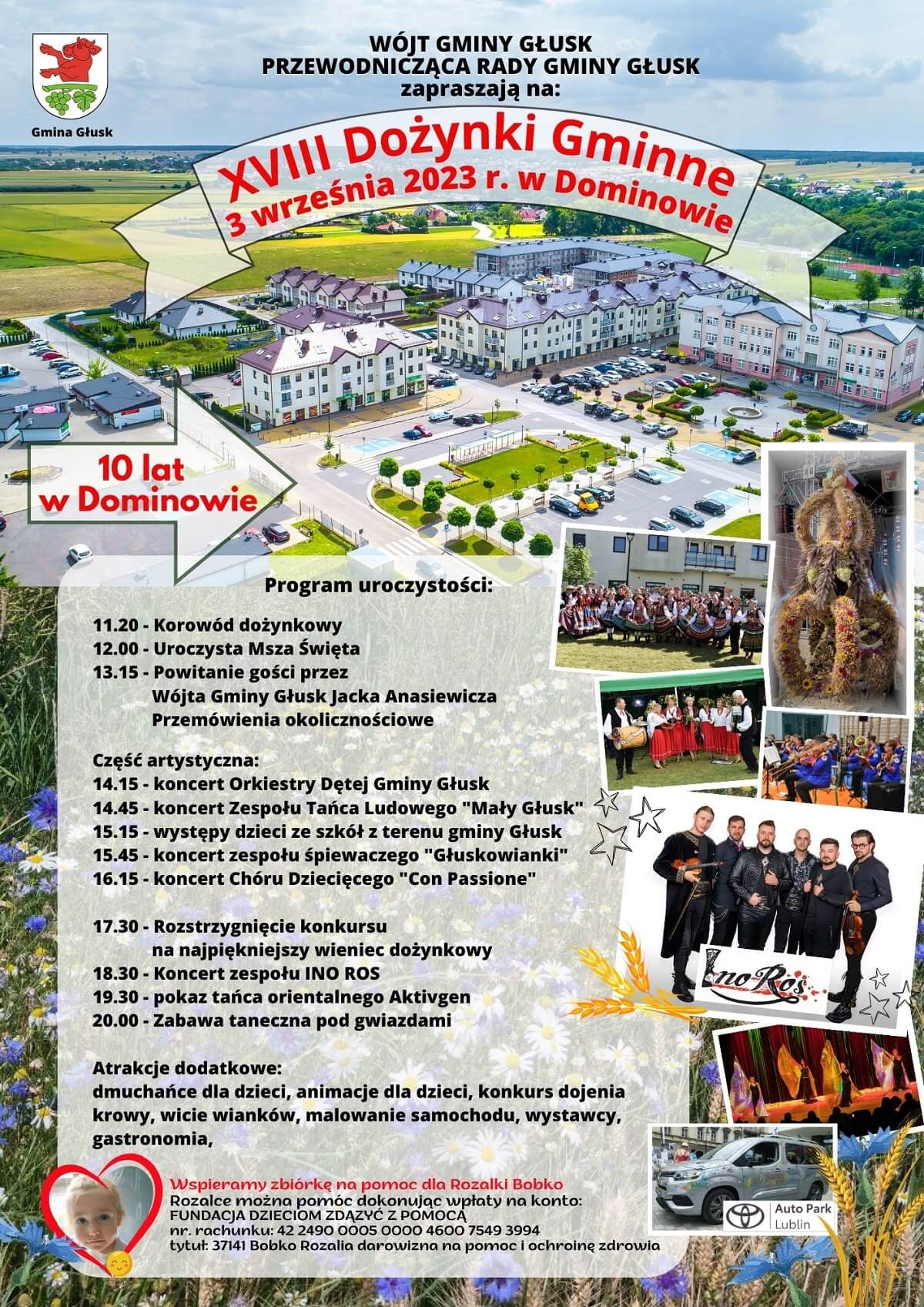 Dożynki w Dominowie 2023. Gwiazdą imprezy InoRos 1 Dożynki w Dominowie 2023 - plakat, program wydarzenia