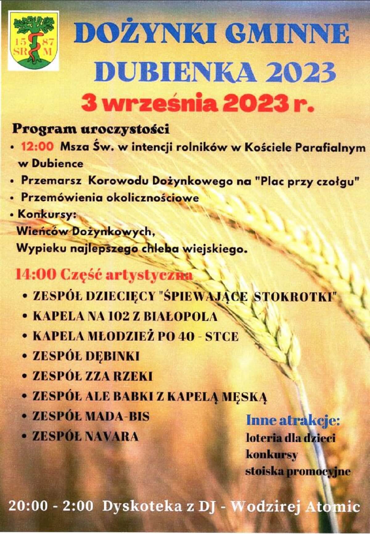 Dożynki w Dubience 2023. Występy artystyczne, atrakcje dla dzieci 1 Dożynki w Dubience 2023 - plakat, program wydarzenia