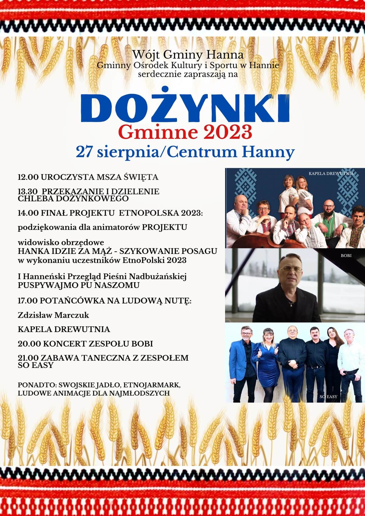 Dożynki w Hannie 2023. Gwiazdą imprezy zespół Bobi 1 Dożynki w Hannie 2023 - plakat, program wydarzenia