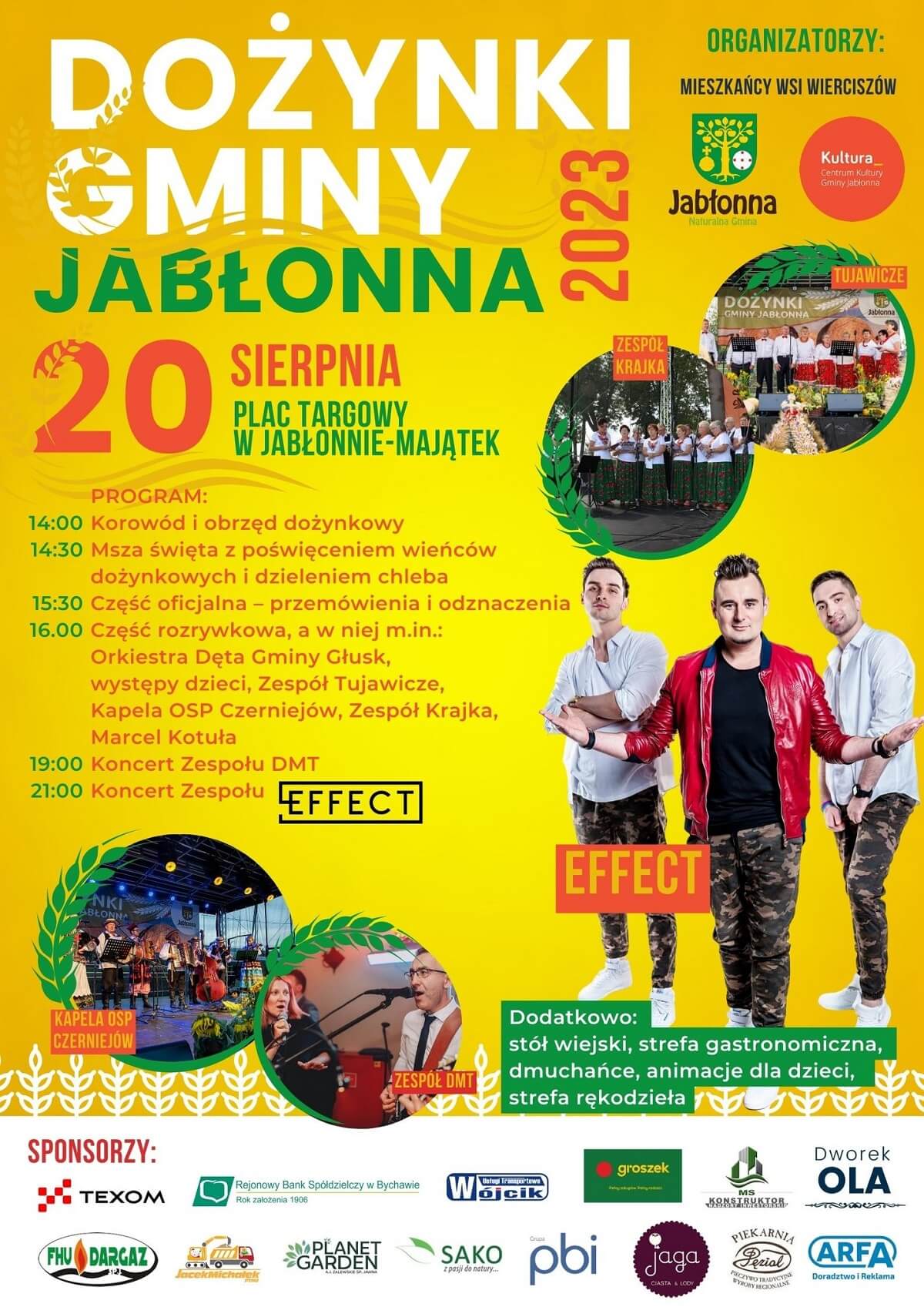 Dożynki w Jabłonnie 2023. Gwiazda wieczoru zespół Effect 1 Dożynki w Jabłonnie-Majątek 2023 - plakat, program wydarzenia