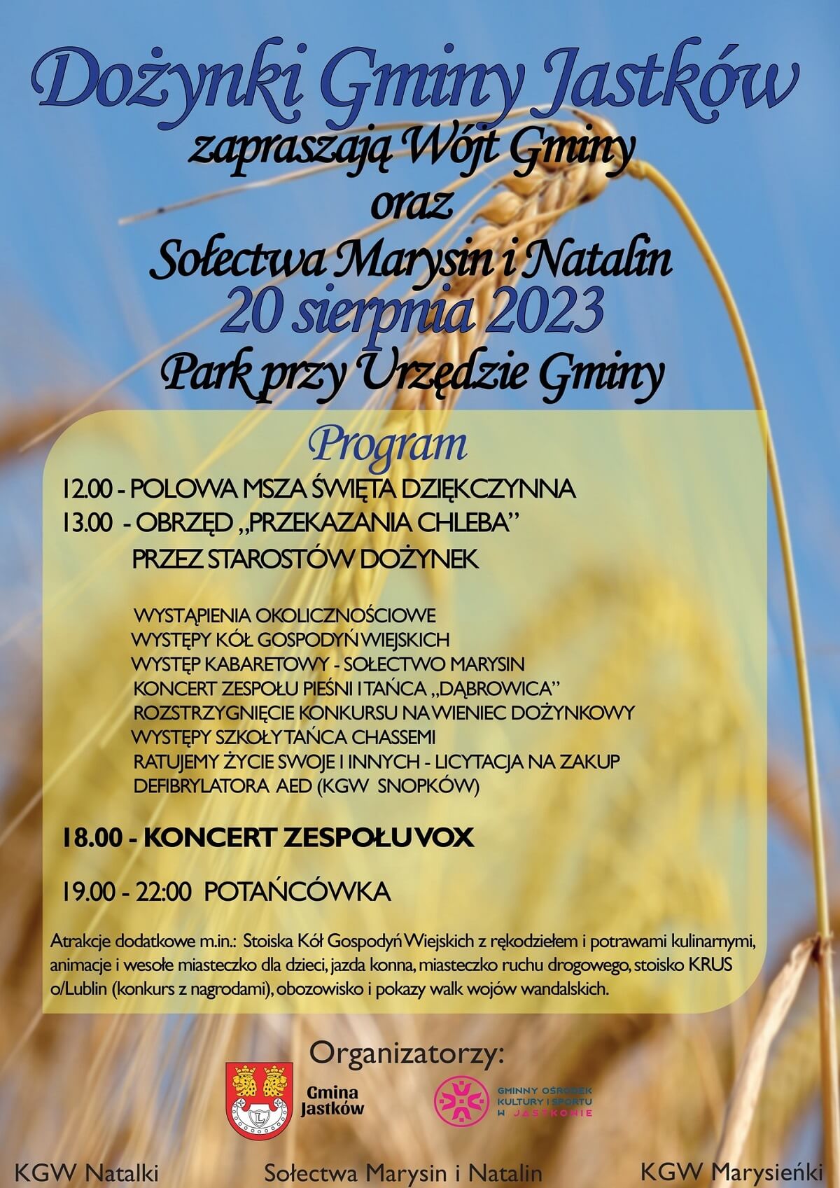 Dożynki w Jastkowie 2023. Gwiazda imprezy zespół VOX 1 Dożynki w Jastkowie 2023 - plakat, program wydarzenia