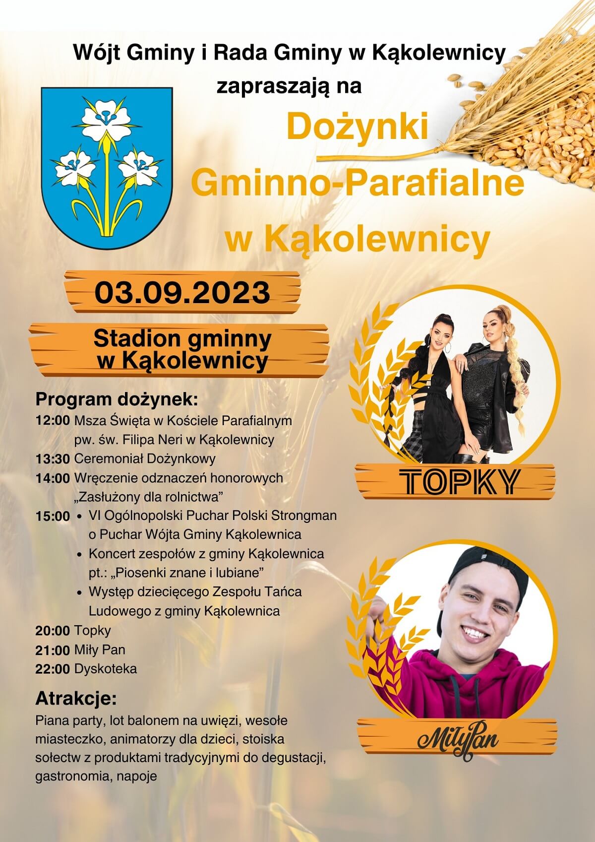 Dożynki w Kąkolewnicy 2023. Wystąpią: MiłyPan, Topky 1 Dożynki w Kąkolewnicy 2023 - plakat, program wydarzenia