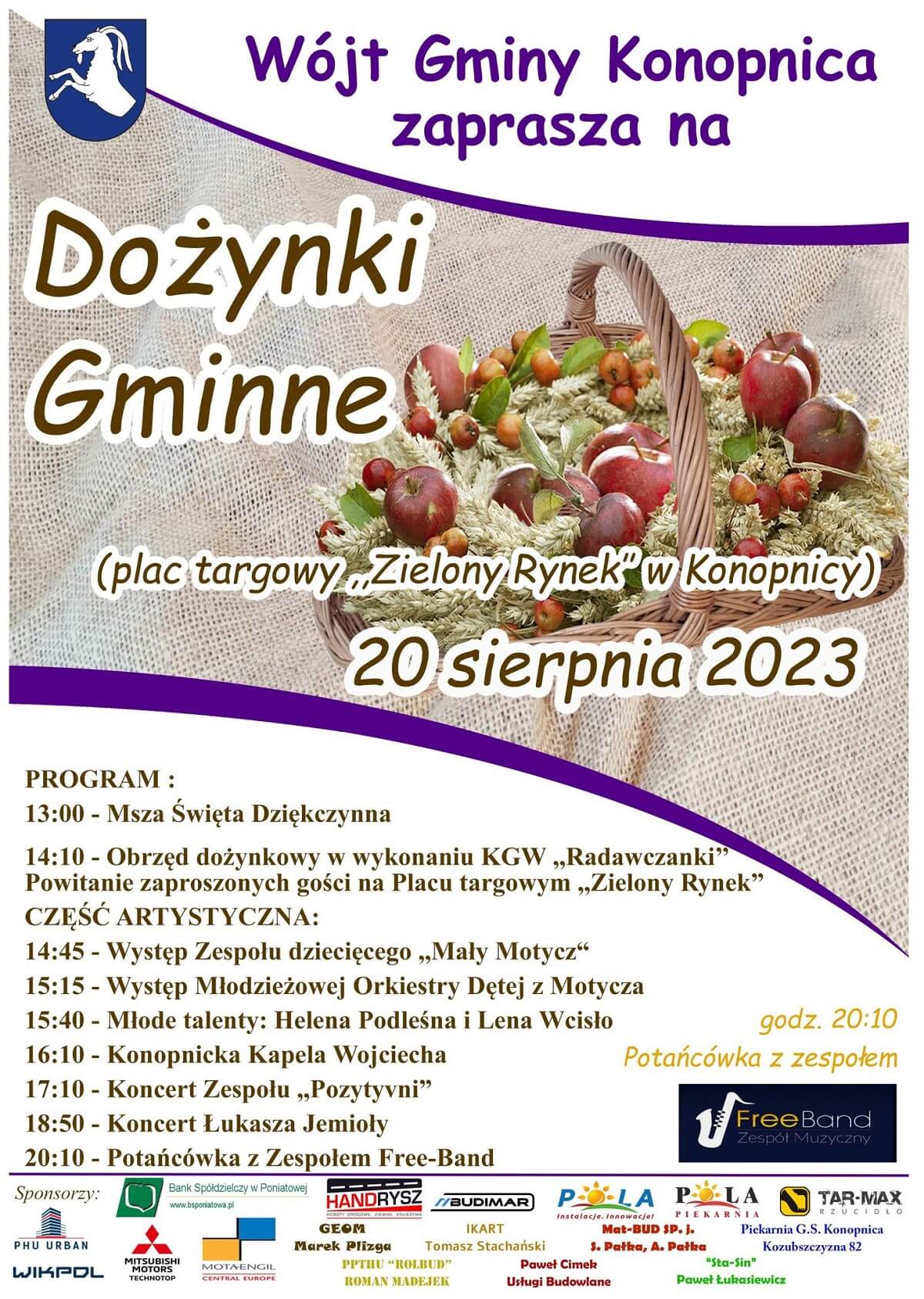 Dożynki w Konopnicy 2023. Występy artystyczne i potańcówka z zespołem Free-Band 1 Dożynki w Konopnicy 2023 - plakat, program wydarzenia